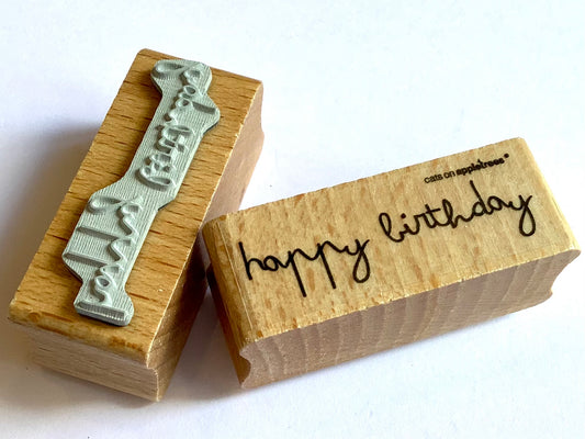 Holzstempel Happy Birthday 9 (Cats on apple.)