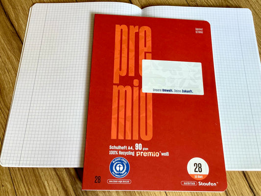 Schulheft A4 Lin.28 kariert 90g premio Staufen