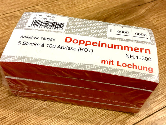 Garderobennummern 1-500 5 Nummernblöcke