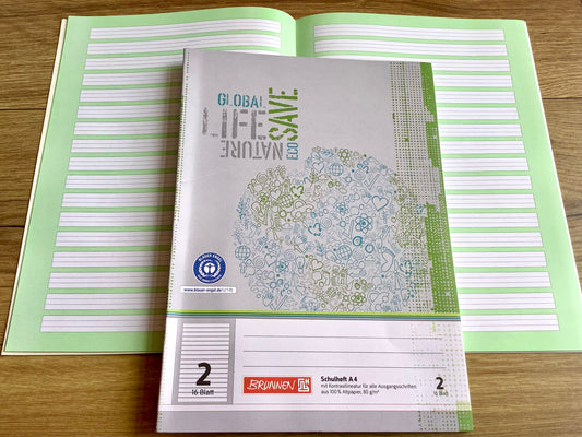 Schulheft A4 Lin.2 grün unterlegt Brunnen RC