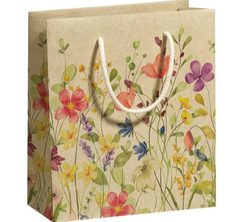 Geschenktasche Graspapier Blumen 23x20cm