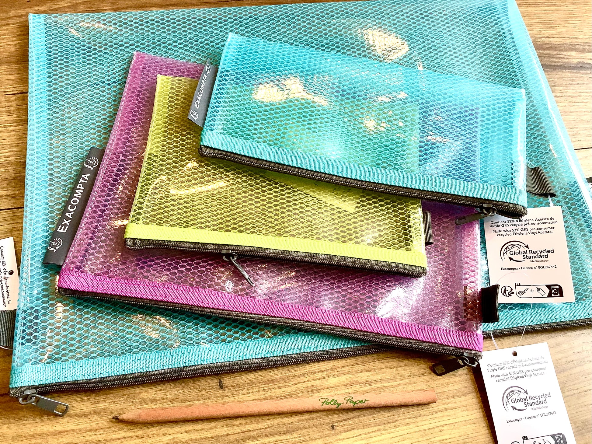 Reißverschlusstaschen in 3 Farben und 4 Größen aus recyceltem Kunststoff