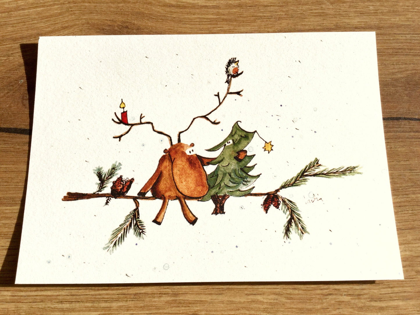 Postkarte Winterfreunde Tanne Ren (Inka Erichsen)