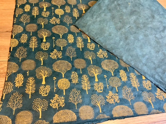 Geschenkpapier Lokta Lamali Trees kupfer auf petrol