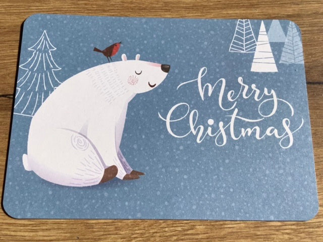 Postkarte Eisbär + Rotkehlchen Merry X-Mas