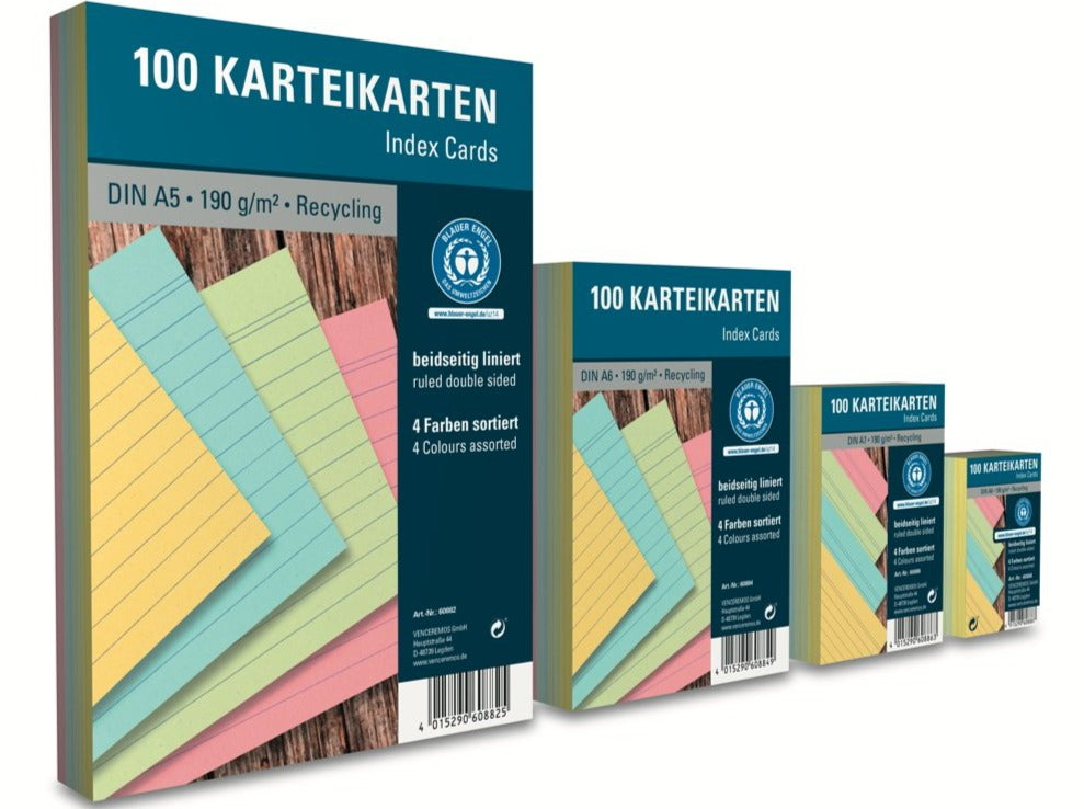 Karteikarten liniert 4 Farben 100Bl - Polly Paper - Umweltfreundliche Schreibwaren