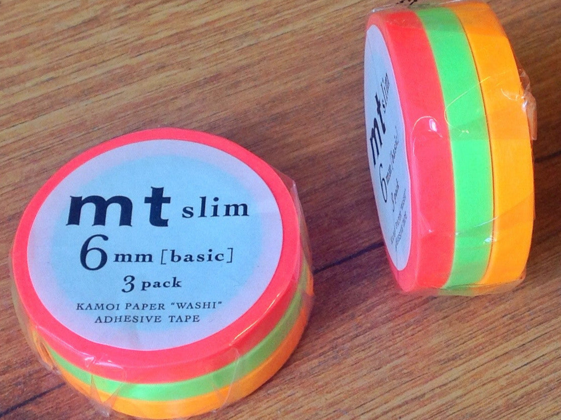 3 schmale tapes in Neonfarben in einer Packung, neonrot, neongrün und knallgelb