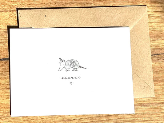 Karte "merci" Gürteltier sw ("sonst noch was") +Kuvert