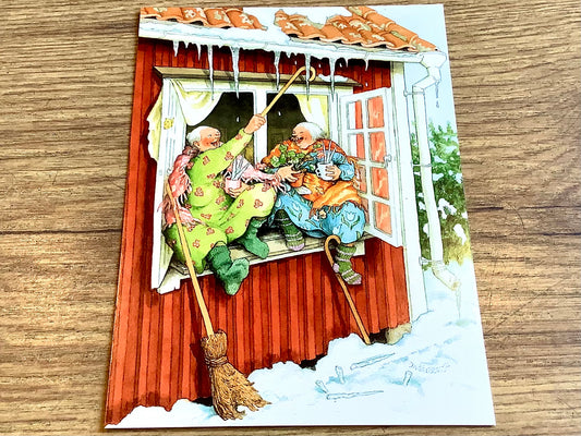 Postkarte Löök Frauen brechen Eiszapfen am Fenster