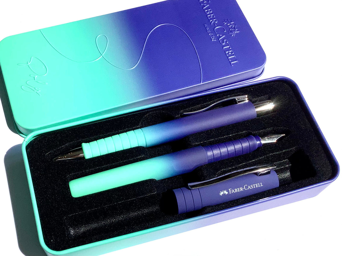 Set Füller+Kuli Poly Pen M Buzzing Blue (Faber-Castell) im Metall-Etui