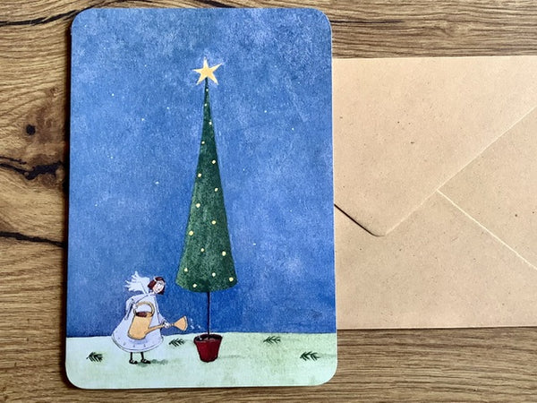 Briefkarte Engel gießt Weihnachtsbaum (Gutrath)