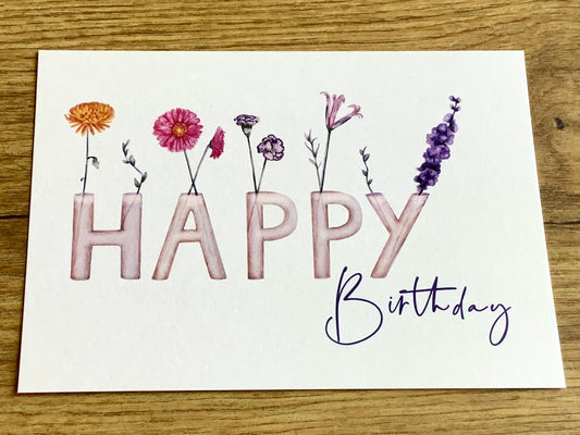 Postkarte Happy Birthday Blumen (authentica)