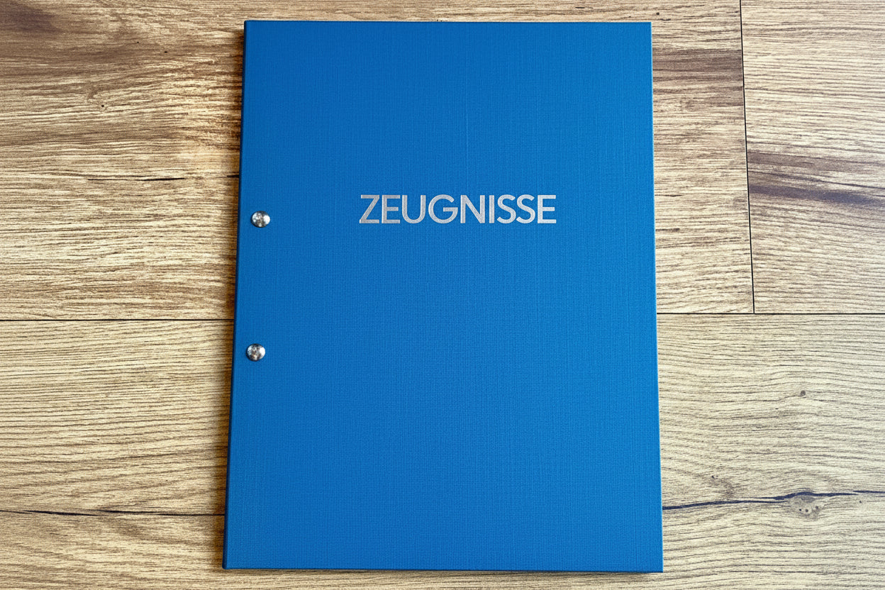Blaue Zeugnismappe von Goldbuch mit Buchschrauben, mit deren Hilfe sich die Mappe erweitern lässt.