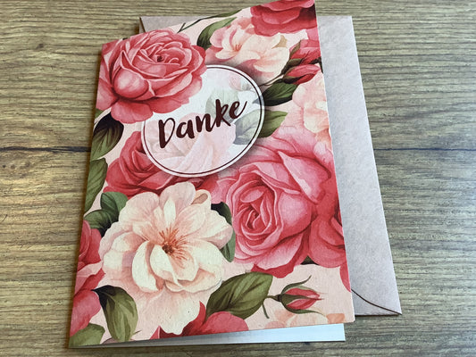 Briefkarte 10x14 Danke Rosen (Zuckerrohrpapier)