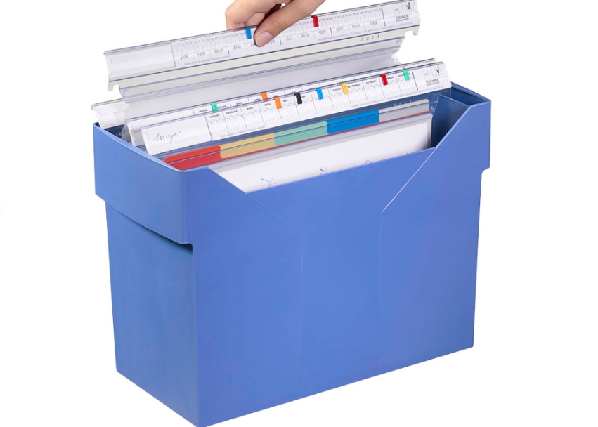 Blaue Hängeregisterbox aus recyceltem Kunststoff mit Griffmulden an der schmalen Seite