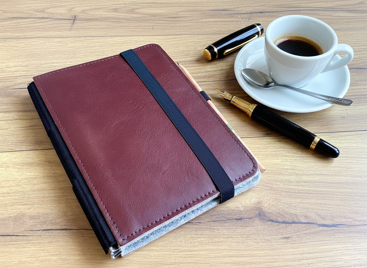 Organizer aus braunem Leder mit schwarzem Gummizug, innen hellgrauer Filz, bei Polly Paper Berlin