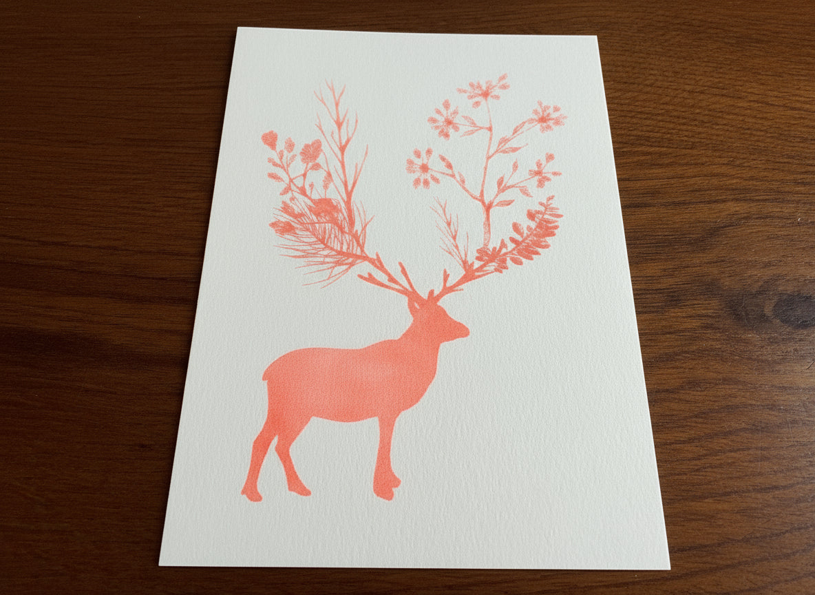 Postkarte von Togethery : orangefarbener Hirsch mit Blumengeweih - zum Beispiel als Weihnachtskarte - bei Polly Paper in Berlin-Mitte