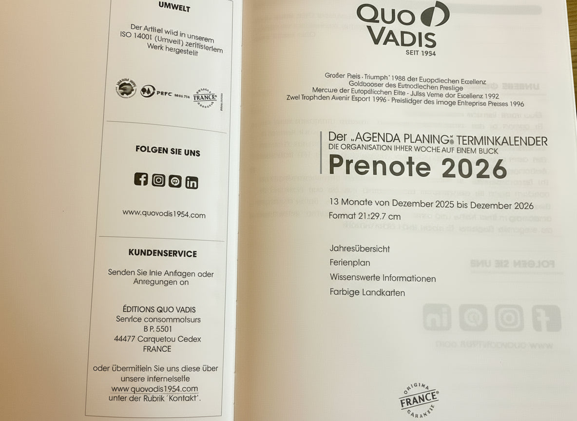 Wochenkalender Prenote Einlage A4 2025 Quo Vadis