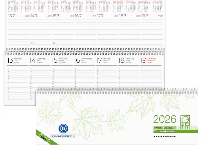 Tischkalender mit Spiralbindung, eine Woche auf einer Doppelseite von Zettler aus Recyclingpapier, bei Polly Paper Bürobedarf in Berlin-Mitte