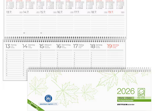 Tischkalender mit Spiralbindung, eine Woche auf einer Doppelseite von Zettler aus Recyclingpapier, bei Polly Paper Bürobedarf in Berlin-Mitte
