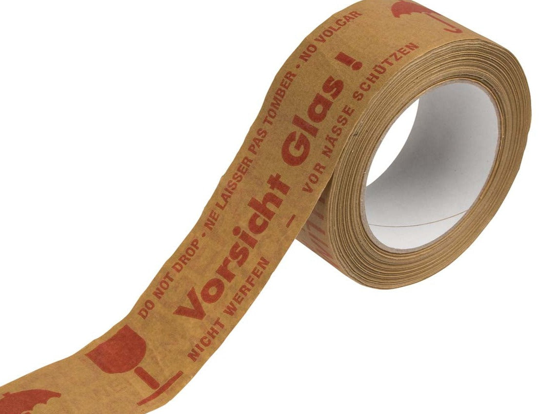 Papierklebeband "Vorsicht Glas" rot auf braun 50m 5cm