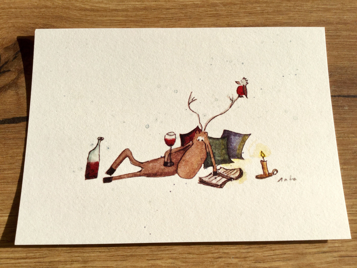 Postkarte Monsieur Ren liest / Wein X-Mas (Erichsen)
