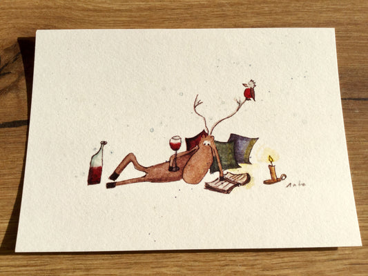 Postkarte Monsieur Ren liest / Wein X-Mas (Erichsen)