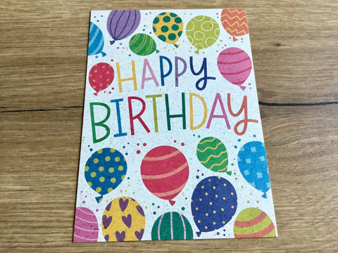 Postkarte Graspapier Happy Birthday Ballons