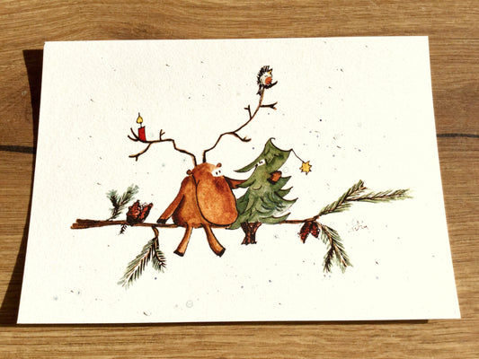 Postkarte Winterfreunde Tanne Ren (Inka Erichsen)