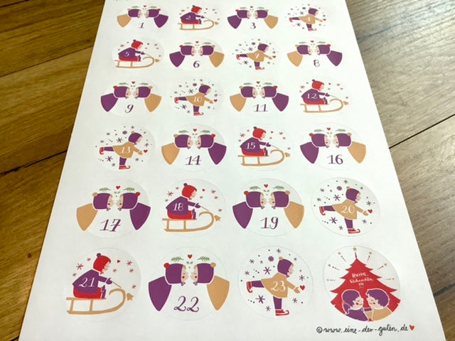 A4-Bogen mit 24 runden Aufklebern Zahlen für Adventskalender