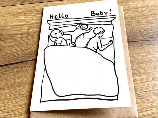 Briefkarte Hello Baby im Bett (Superjuju)
