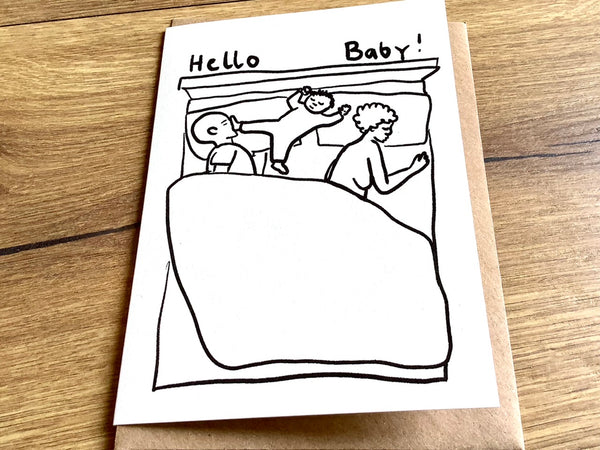 Briefkarte Hello Baby im Bett (Superjuju)