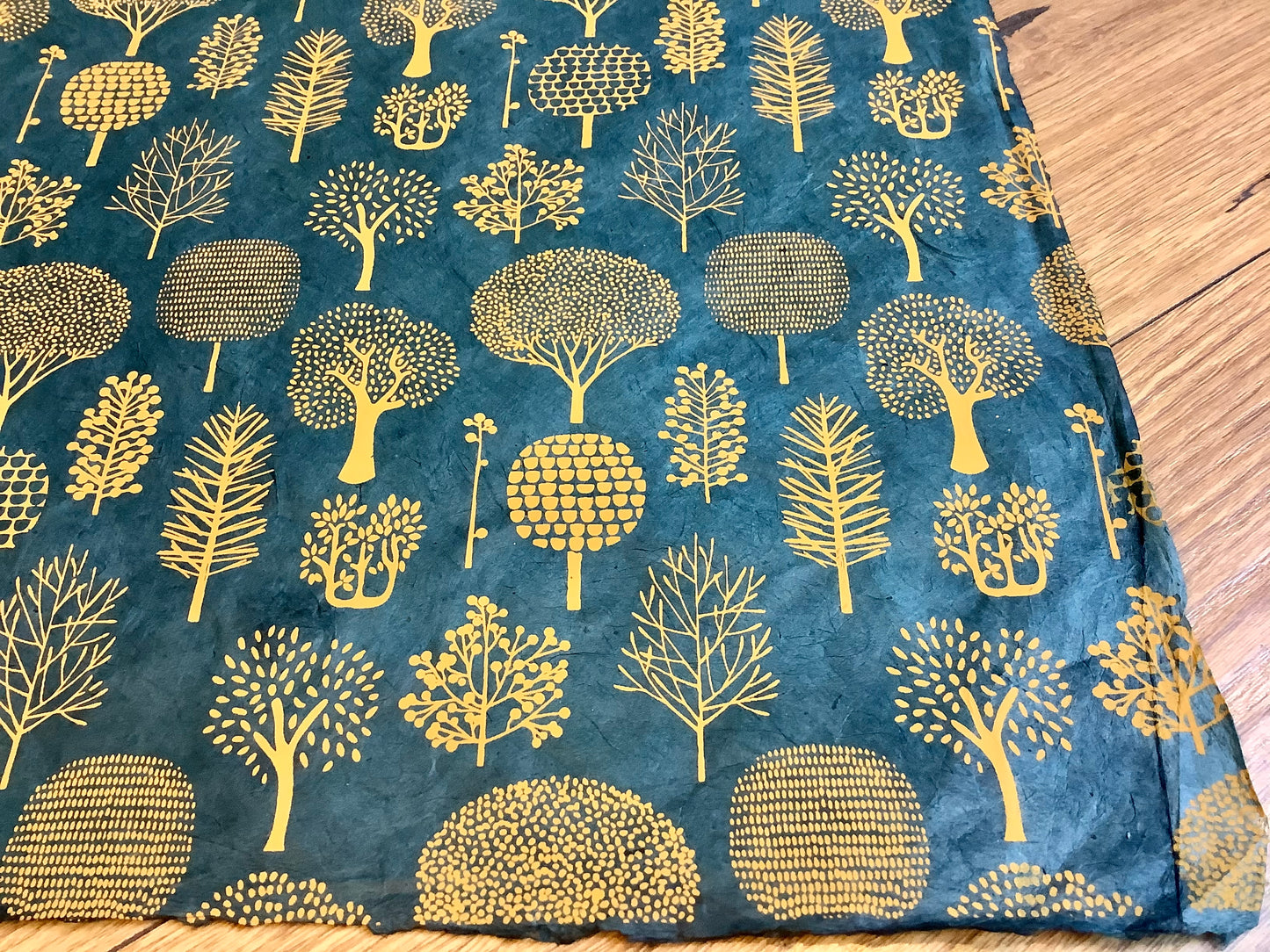 Geschenkpapier Lokta Lamali Trees kupfer auf petrol