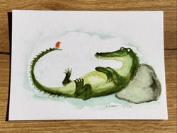 Postkarte Krokodil mit Vogel