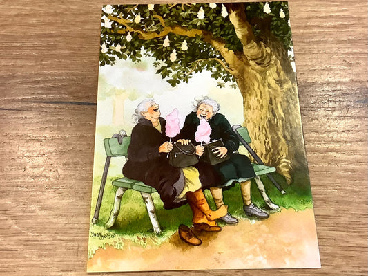 Postkarte Frauen mit Zuckerwatte auf Bank (Löök)