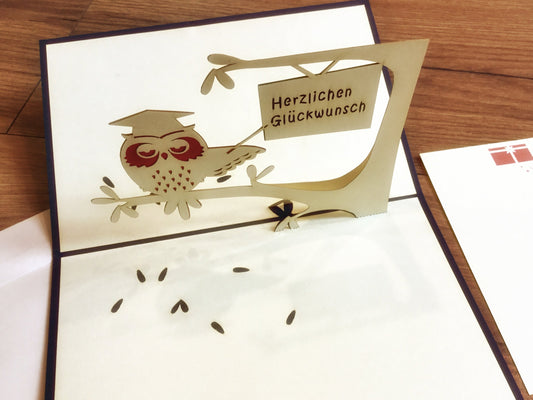 dreidimensionale Pop-up Karte mit einer Eule mit Bachelor-Hut und dem Schild „Herzlichen Glückwunsch“ - er hält mich bei Polly Paper, schöne Grußkarten in Berlin-Mitte