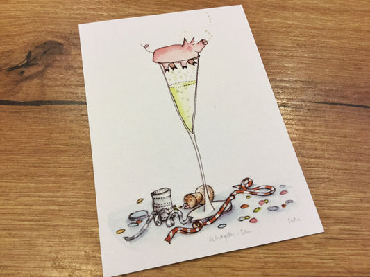 Postkarte Sektglas-Sau Neujahr (Erichsen) RC