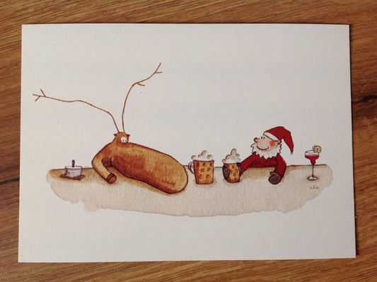 Postkarte Weihnachtsmann trinkt Bier mit Rentier (Erichsen)