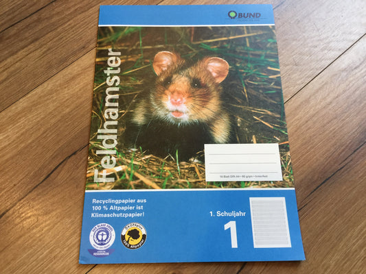 Schulheft A4 Lin.1. fürs erste Schuljahr, Motiv Hamster - erhältlich bei Polly Paper - Umweltfreundliche Schreibwaren in Berlin-Mitte