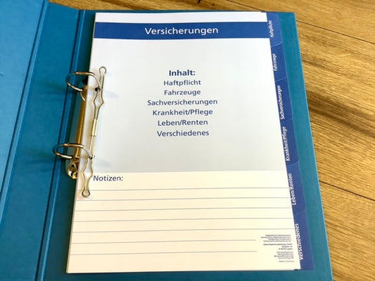 Blauer Ordner von innen, Registerblätter "Versicherungen"