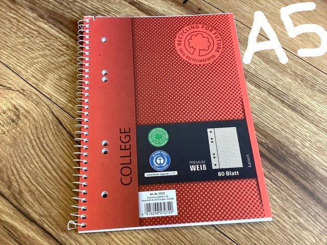 Roter Collegeblock A5 kariert recycelt - Polly Paper - Umweltfreundliche Schreibwaren