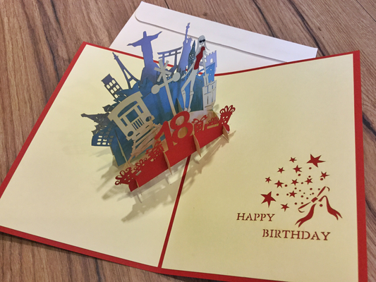 3D-Karte Pop up-Karte zum 18. Geburtstag. 
Erhältlich bei Polly Paper - schöne Grußkarten in Berlin-Mitte