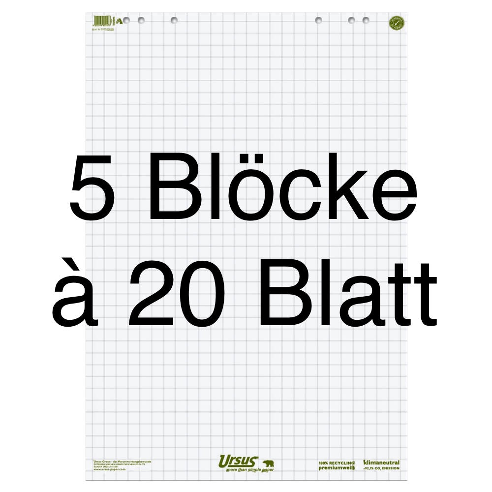 5 Blöcke mit je 20 Blatt Flipchartpapier, kariert, weiß, 100 % recycelt. 68x99cm, von formatwerk.
Bürobedarf bei Polly Paper in Berlin Mitte