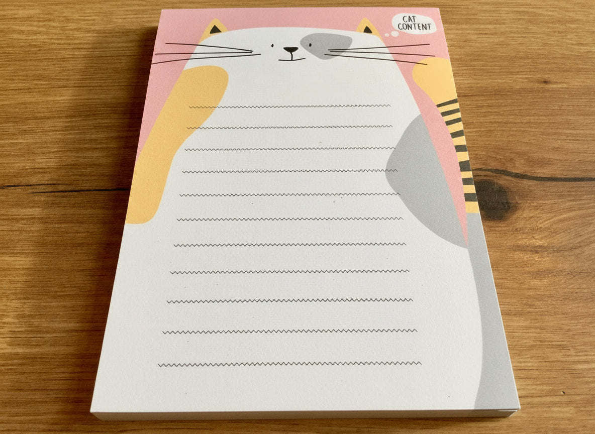 Notizblock A6 mit dicker weißer Katze, auf deren Bauch man schreiben kann. Recyclingpapier, Bow&Hummingbird, bei Polly Paper in Berlin