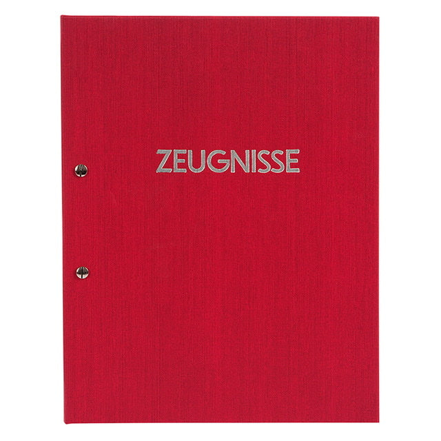 Rote Zeugnismappe von Goldbuch mit Buchschrauben, mit deren Hilfe sich die Mappe erweitern lässt.